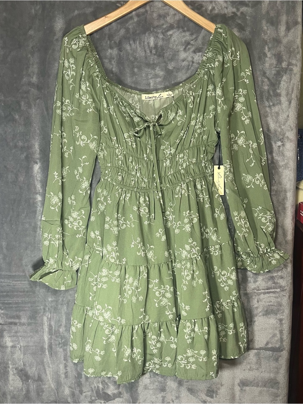Liberty Love Olive Green Floral Tiered Peasant Top
